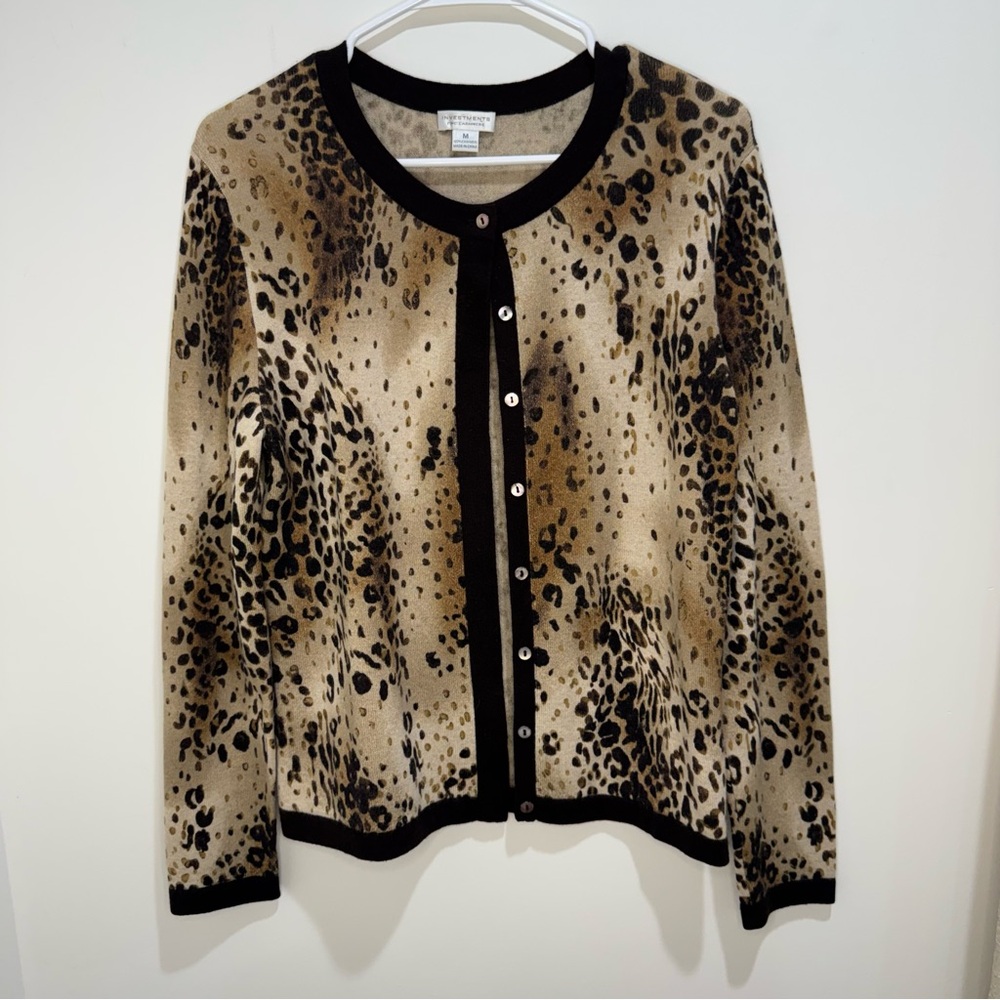 Investments Fine Cashmere Leopard Print Cardigan Sweater M